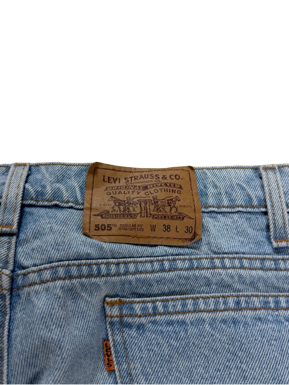 Vintage 90s Levis 505 Light Wash Orange Tab Blue Denim Jean Shorts Size 38